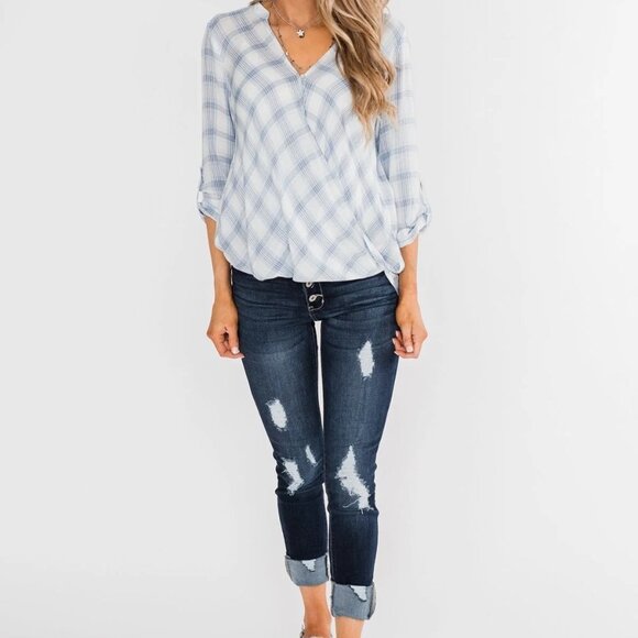 Just In Time Plaid Wrap Top- Blue & White - Picture 6 of 14